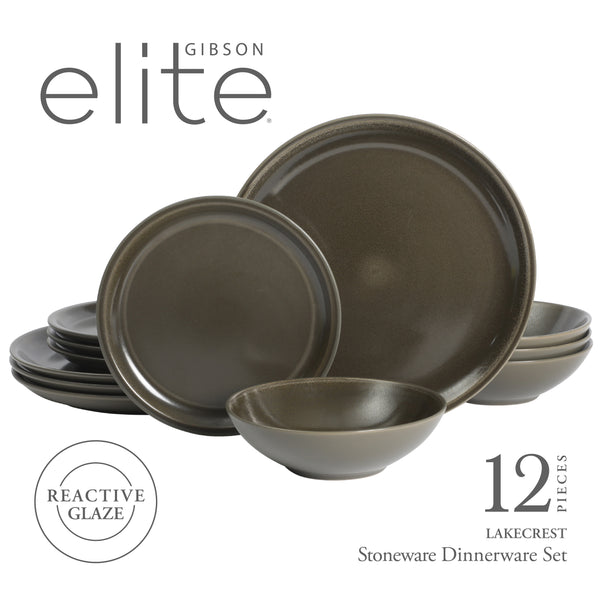 Gibson Home Gibson Elite 12 Piece (Service For 4) Lakecrest Plates And Bowls Reactive Glaze Round Dishes Stoneware Ceramic Dinnerware Set - Dark Green