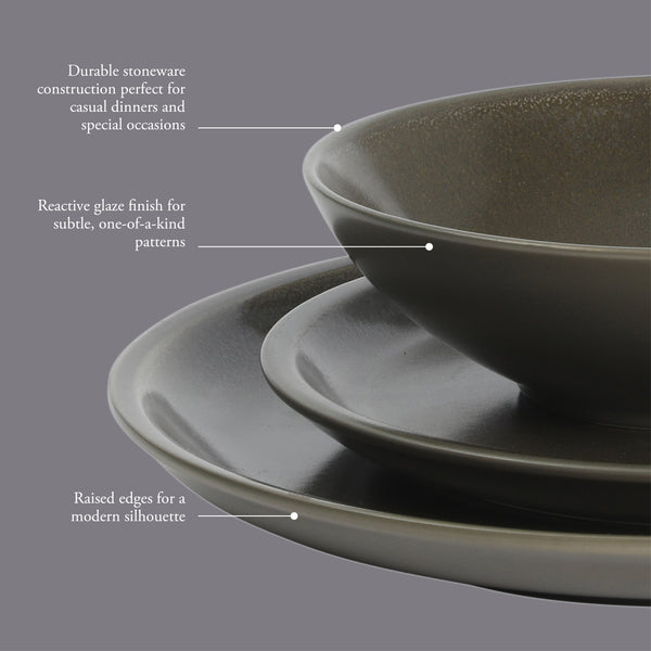 Gibson Home Gibson Elite 12 Piece (Service For 4) Lakecrest Plates And Bowls Reactive Glaze Round Dishes Stoneware Ceramic Dinnerware Set - Dark Green