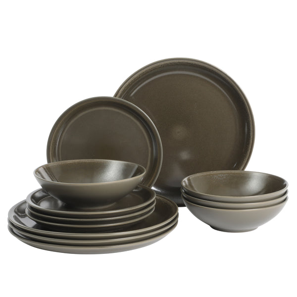 gibson home Gibson Elite 12 Piece (Service for 4) Lakecrest Plates and Bowls Reactive Glaze Round Dishes Stoneware Ceramic Dinnerware Set - Dark Green