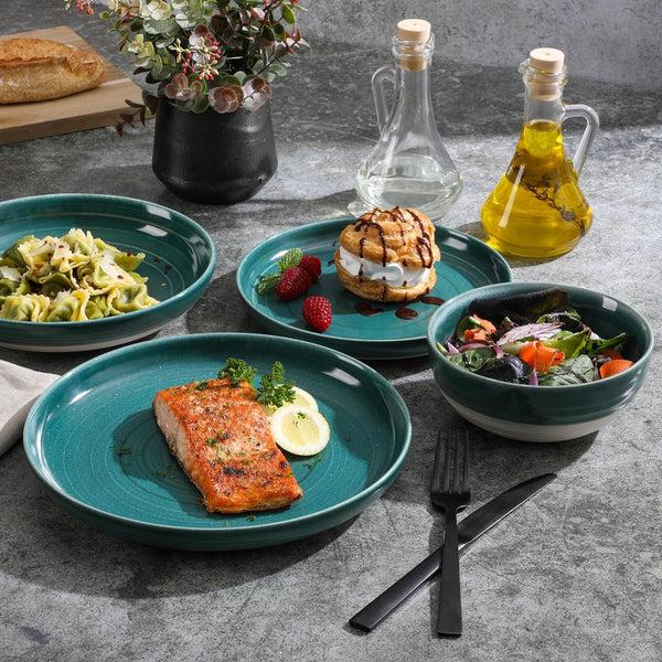 Gibson Home Gibson Elite Clarina 16 Piece Double Bowl Stoneware Reactive Glaze Round Plates And Bowls Dinnerware Set - Teal