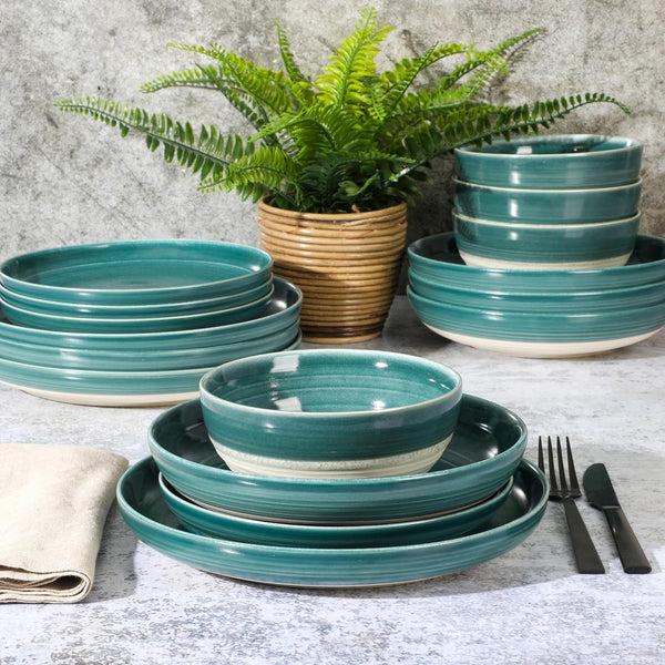 Gibson Home Gibson Elite Clarina 16 Piece Double Bowl Stoneware Reactive Glaze Round Plates And Bowls Dinnerware Set - Teal
