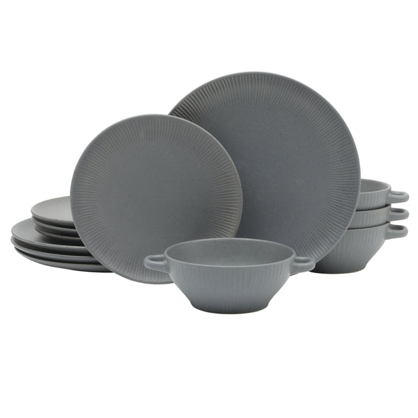 gibson home Gibson Elite Clover Hill 12-Piece Stoneware Dinnerware Set – Embossed Plates and Bowls with Matte Speckled Reactive Glaze Service for 4 – Microwave & Dishwasher Safe