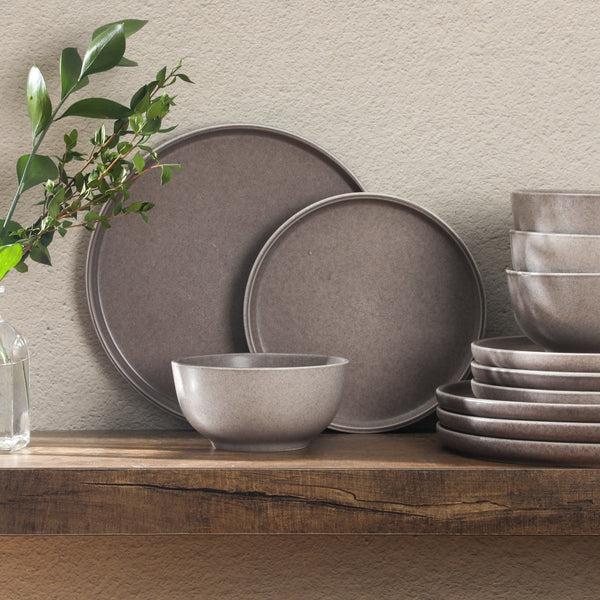 Gibson Home Gibson Elite Eden Rock 12-Piece (Service For 4) Plates And Bowls Reactive Glaze Round Dishes Stoneware Ceramic Dinnerware Set - Matte Brown