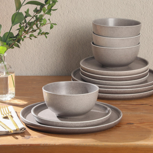 Gibson Home Gibson Elite Eden Rock 12-Piece (Service For 4) Plates And Bowls Reactive Glaze Round Dishes Stoneware Ceramic Dinnerware Set - Matte Brown