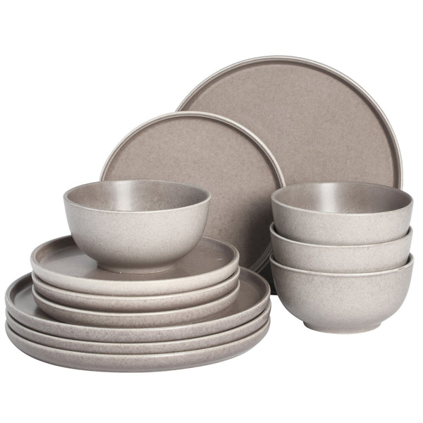 Gibson Home Gibson Elite Eden Rock 12-Piece (Service For 4) Plates And Bowls Reactive Glaze Round Dishes Stoneware Ceramic Dinnerware Set - Matte Brown