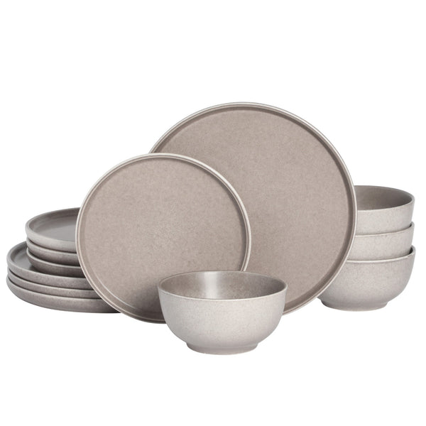 gibson home Gibson Elite Eden Rock 12-Piece (Service for 4) Plates and Bowls reactive Glaze Round Dishes Stoneware Ceramic Dinnerware Set - Matte Brown