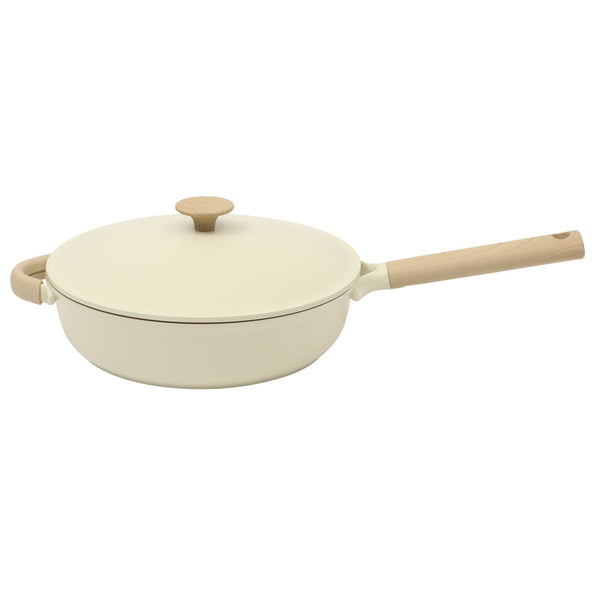 Gibson Home Gibson Elite Folkstone 13 Piece Pots And Pans Durable Cast Aluminum PFA Free Non Stick Ceramic Coating Cookware Set W/ Kitchen Tongs Tools And Protective Felts - Induction Safe - Linen White W/ Wood Handle