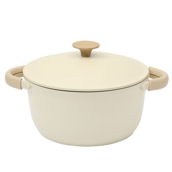 Gibson Home Gibson Elite Folkstone 13 Piece Pots And Pans Durable Cast Aluminum PFA Free Non Stick Ceramic Coating Cookware Set W/ Kitchen Tongs Tools And Protective Felts - Induction Safe - Linen White W/ Wood Handle