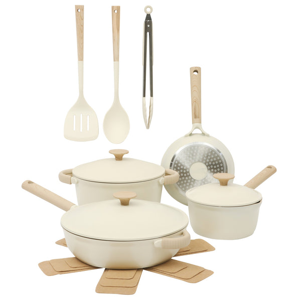 gibson home Gibson Elite Folkstone 13 Piece Pots and Pans Durable Cast Aluminum PFA Free Non stick Ceramic Coating Cookware Set W/ Kitchen Tongs Tools and Protective Felts - Induction Safe - Linen White W/ Wood Handle