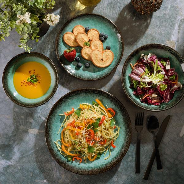 Gibson Home Gibson Elite Green Lantern 16-Piece Double Bowl Reactive Terracotta Dinnerware Set