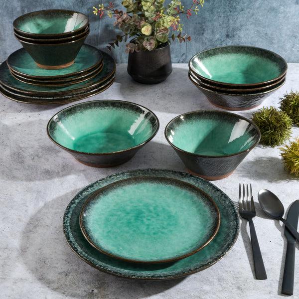 Gibson Home Gibson Elite Green Lantern 16-Piece Double Bowl Reactive Terracotta Dinnerware Set