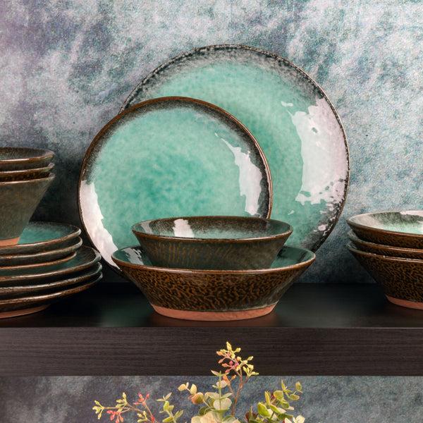 Gibson Home Gibson Elite Green Lantern 16-Piece Double Bowl Reactive Terracotta Dinnerware Set