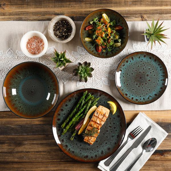 Gibson Home Gibson Elite Kyoto 16-Piece Double Bowl Reactive Stoneware Dinnerware Set - Teal