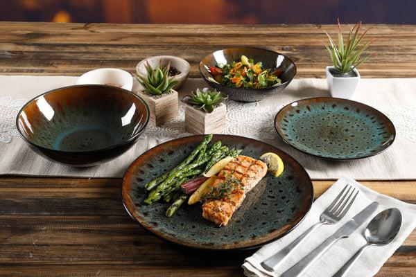 Gibson Home Gibson Elite Kyoto 16-Piece Double Bowl Reactive Stoneware Dinnerware Set - Teal