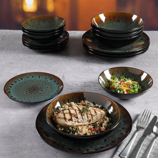Gibson Home Gibson Elite Kyoto 16-Piece Double Bowl Reactive Stoneware Dinnerware Set - Teal