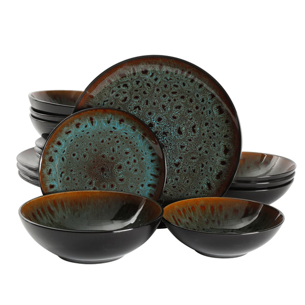 gibson home Gibson Elite Kyoto 16-Piece Double Bowl Reactive Stoneware Dinnerware Set - Teal