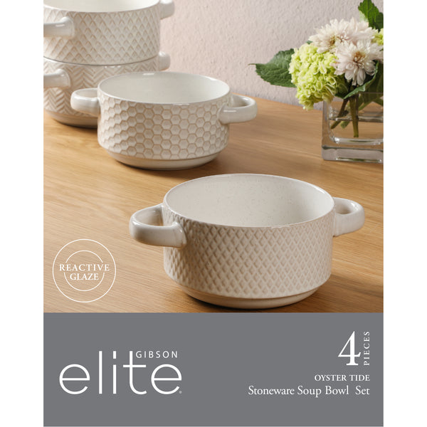 Gibson Home Gibson Elite Oyster Tide Embossed 6 Inch Soup Bowls With Handles. French Onion Soup Crocks Stackable Soup Bowl Chili Beef Stew Reactive Glaze Stackable Ceramic Bowl Set Of 4 White
