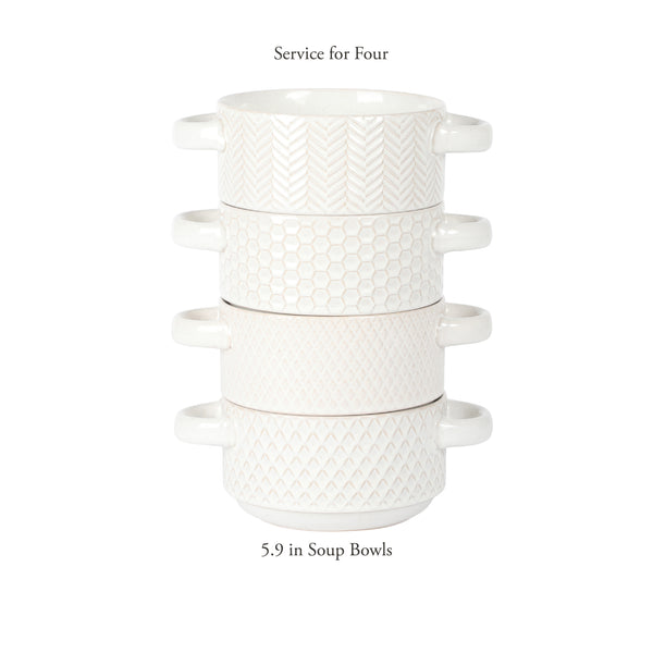 Gibson Home Gibson Elite Oyster Tide Embossed 6 Inch Soup Bowls With Handles. French Onion Soup Crocks Stackable Soup Bowl Chili Beef Stew Reactive Glaze Stackable Ceramic Bowl Set Of 4 White