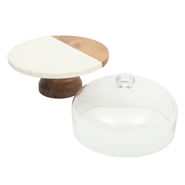 Gibson Home Gibson Elite Ridgehaven 10" Marble & Wood Cake Stand Serving Platter Charcuterie Board And Center Piece Home Décor With Glass Lid