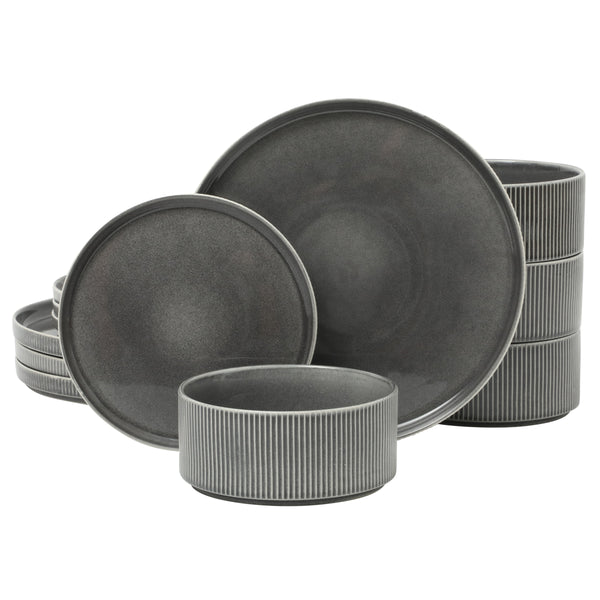 gibson home Gibson Elite Solana Coast 12 Piece Stoneware Reactive Glaze (Service for 4) Ceramic Plates and Bowls Modern Shape Embossed Dinnerware Set