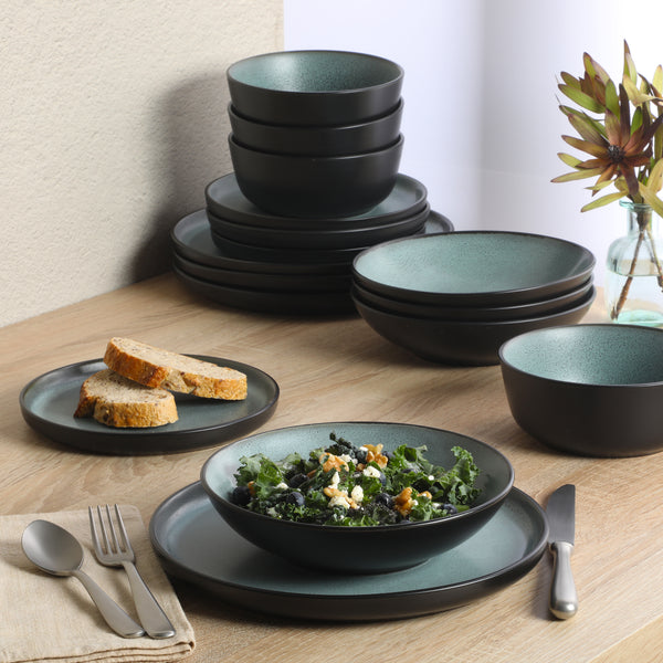 Gibson Home Gibson Elite Tribeca Loft 16-Piece Dinnerware Set – Matte Reactive Glaze Stoneware Double Bowl Round Plates And Bowls – Modern Rustic Tableware For 4 Dishwasher & Microwave Safe