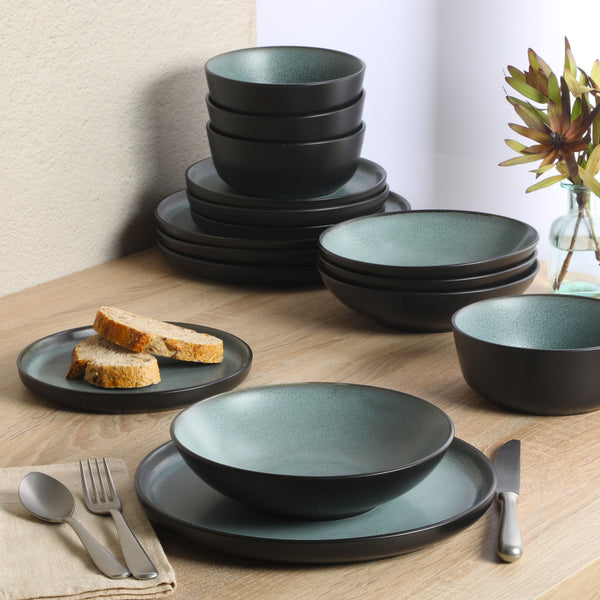 Gibson Home Gibson Elite Tribeca Loft 16-Piece Dinnerware Set – Matte Reactive Glaze Stoneware Double Bowl Round Plates And Bowls – Modern Rustic Tableware For 4 Dishwasher & Microwave Safe