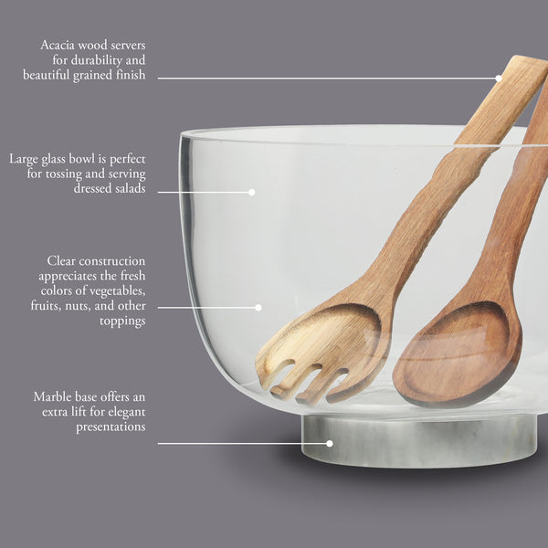 Gibson Home Gibson Elite Wildgreens Large Glass Salad Bowl Set With Acacia Serving Utensils