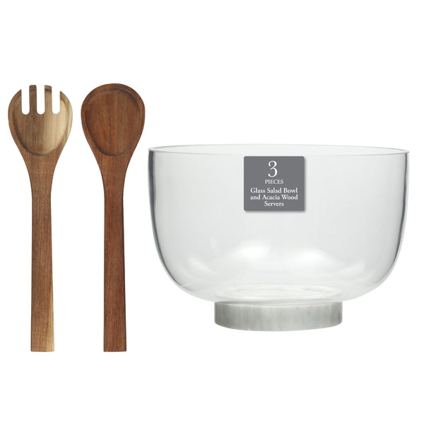 gibson home Gibson Elite Wildgreens Large Glass Salad Bowl Set with Acacia Serving Utensils