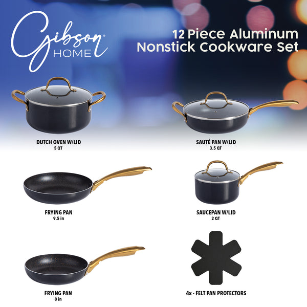Gibson Home Gibson Home 12-Piece Heavy Gauge Nonstick Induction Aluminum Cookware Set W/ Felt Protector - Black W/ Gold Speckle Interior
