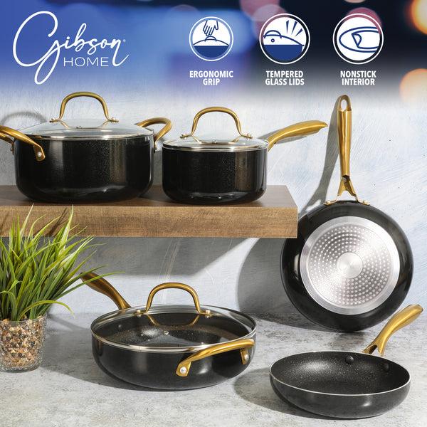 Gibson Home Gibson Home 12-Piece Heavy Gauge Nonstick Induction Aluminum Cookware Set W/ Felt Protector - Black W/ Gold Speckle Interior