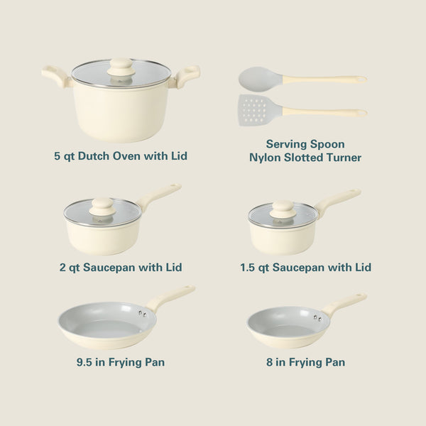 Gibson Home Gibson Home Barnsdall 10 Piece Premium PFA Free Ceramic Nonstick Pots And Pans Aluminum Cookware Set W/ Kitchen Tools - Linen