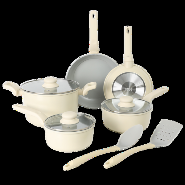 gibson home Gibson Home Barnsdall 10 Piece Premium PFA Free Ceramic Nonstick Pots and Pans Aluminum Cookware Set W/ Kitchen Tools - Linen