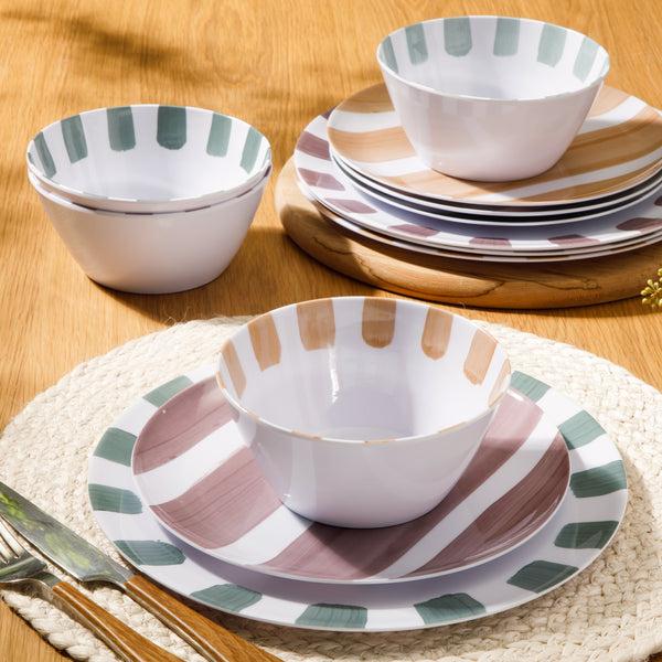 Gibson Home Gibson Home Cottage Stripes 12 Piece Unbreakable Melamine Plates And Bowls Dinnerware Set - Outdoor Camping & Everyday Use - Assorted Colors