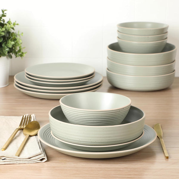 Gibson Home Gibson Home Dinah 16 Piece Double Bowl Stoneware Embossed Speckled Dinnerware Set - Matte Black White Or Sage Green