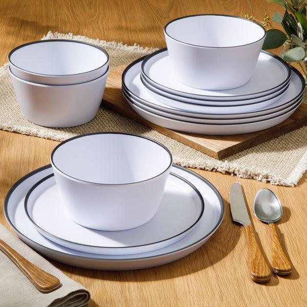Gibson Home Gibson Home Folsom Shores 12 Piece Unbreakable Modern Melamine Plates And Bowls Dinnerware Set - Outdoor Camping & Everyday Use - White W/ Black Rim