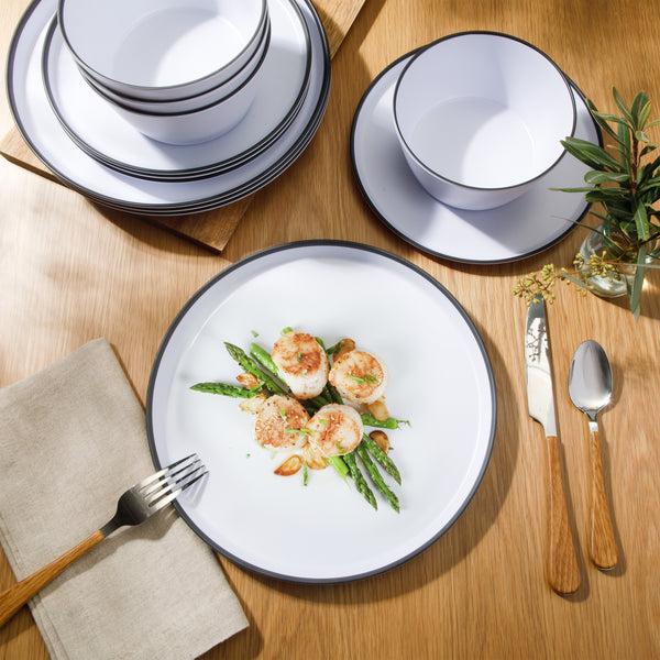 Gibson Home Gibson Home Folsom Shores 12 Piece Unbreakable Modern Melamine Plates And Bowls Dinnerware Set - Outdoor Camping & Everyday Use - White W/ Black Rim