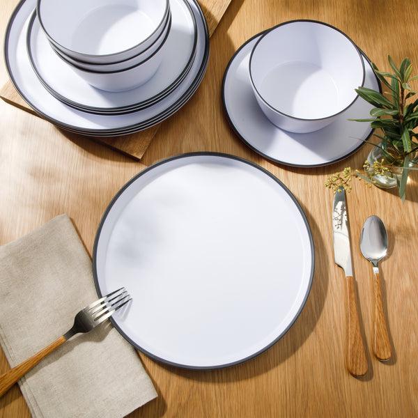 Gibson Home Gibson Home Folsom Shores 12 Piece Unbreakable Modern Melamine Plates And Bowls Dinnerware Set - Outdoor Camping & Everyday Use - White W/ Black Rim