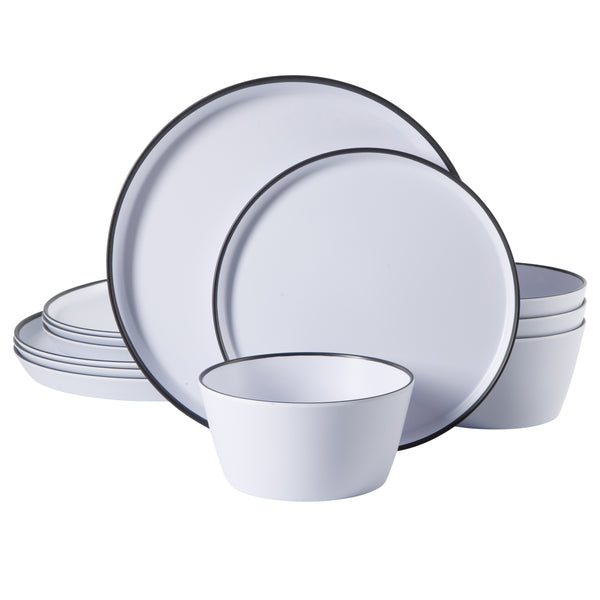 gibson home Gibson Home Folsom Shores 12 Piece Unbreakable Modern Melamine Plates and Bowls Dinnerware Set - Outdoor Camping & Everyday Use - White W/ Black Rim