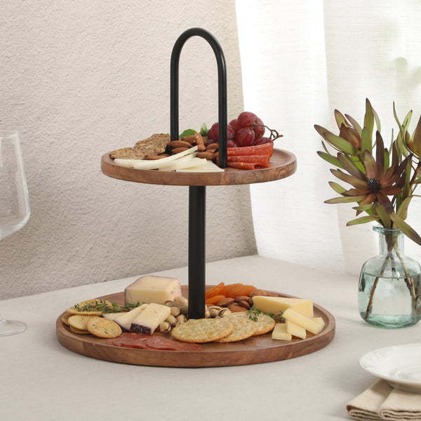 Gibson Home Gibson Home Gracious Dining 2-Tier Round Acacia Wood Serving Tray – Rustic Charcuterie Board Stand With Black Iron Handle – Tiered Party Platter Dessert Display Or Lazy Susan For Entertaining
