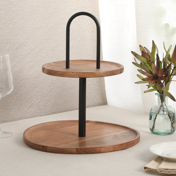 Gibson Home Gibson Home Gracious Dining 2-Tier Round Acacia Wood Serving Tray – Rustic Charcuterie Board Stand With Black Iron Handle – Tiered Party Platter Dessert Display Or Lazy Susan For Entertaining