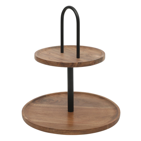 Gibson Home Gibson Home Gracious Dining 2-Tier Round Acacia Wood Serving Tray – Rustic Charcuterie Board Stand With Black Iron Handle – Tiered Party Platter Dessert Display Or Lazy Susan For Entertaining