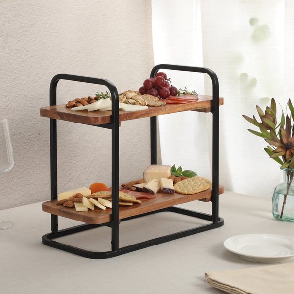Gibson Home Gibson Home Gracious Dining 2-Tier Wooden Serving Tray With Metal Frame – Acacia Wood Rectangle Charcuterie Board Cheese Platter Dessert Display Stand For Buffet Kitchen Dining Or Events