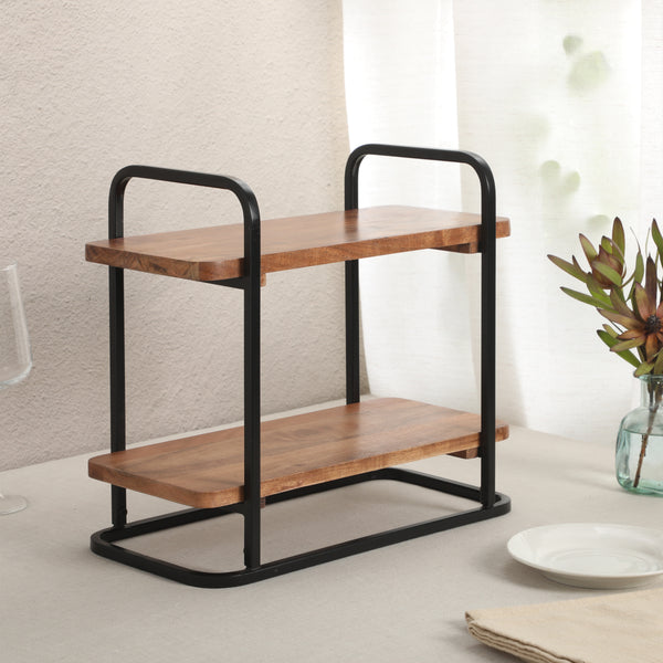 Gibson Home Gibson Home Gracious Dining 2-Tier Wooden Serving Tray With Metal Frame – Acacia Wood Rectangle Charcuterie Board Cheese Platter Dessert Display Stand For Buffet Kitchen Dining Or Events