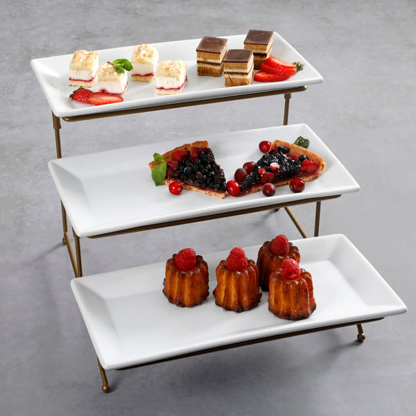Gibson Home Gibson Home Gracious Dining Dinnerware 3-Tier Rectangle Plate Serving Set With Gold Metal Stand White