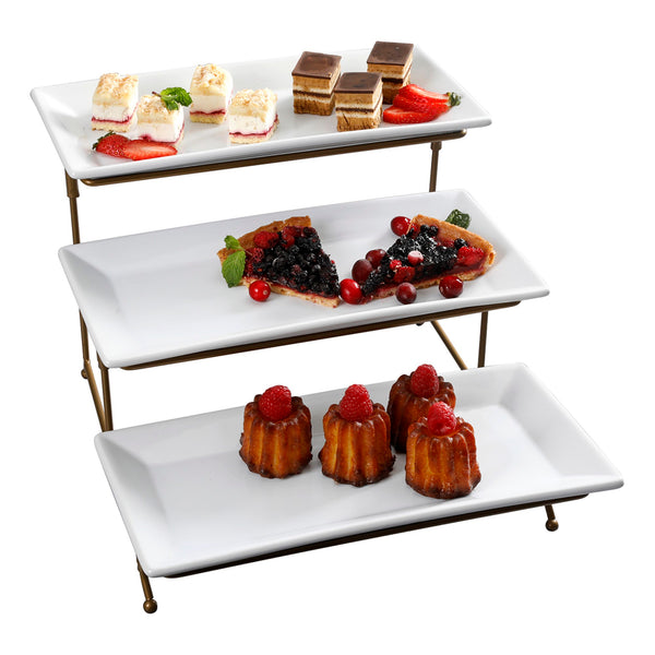 Gibson Home Gibson Home Gracious Dining Dinnerware 3-Tier Rectangle Plate Serving Set With Gold Metal Stand White