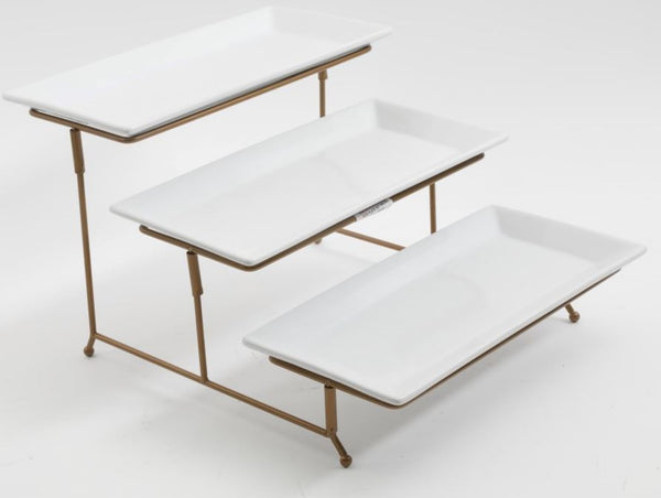 Gibson Home Gibson Home Gracious Dining Dinnerware 3-Tier Rectangle Plate Serving Set With Gold Metal Stand White