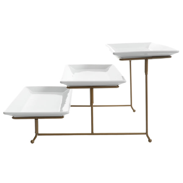gibson home Gibson Home Gracious Dining Dinnerware 3-Tier Rectangle Plate Serving Set with Gold Metal Stand White