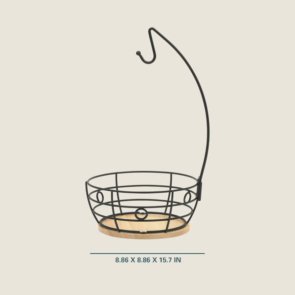 Gibson Home Gibson Home Harvest Season Fruit Basket Bowl With Banana Hanger – Black Metal Wire & Rubberwood Base – Countertop Produce Stand For Apples Bananas Oranges – Kitchen Storage Organizer