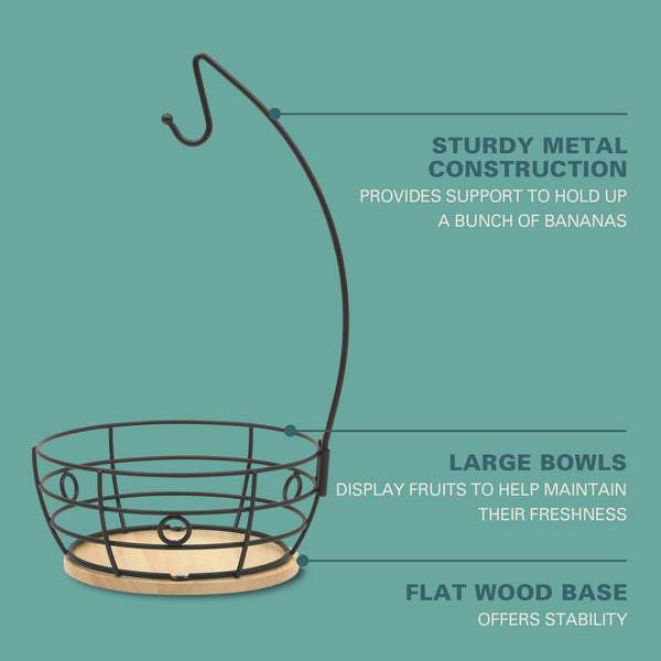 Gibson Home Gibson Home Harvest Season Fruit Basket Bowl With Banana Hanger – Black Metal Wire & Rubberwood Base – Countertop Produce Stand For Apples Bananas Oranges – Kitchen Storage Organizer
