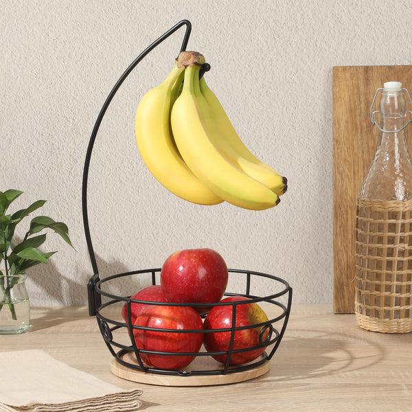 Gibson Home Gibson Home Harvest Season Fruit Basket Bowl With Banana Hanger – Black Metal Wire & Rubberwood Base – Countertop Produce Stand For Apples Bananas Oranges – Kitchen Storage Organizer